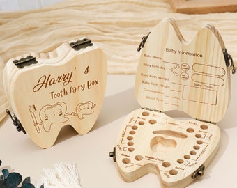 Caja personalizada de hada de los dientes de bebé, caja de madera personalizada en forma de diente con nombre, regalos de recuerdo para niños con dientes perdidos