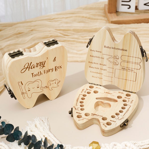Boîte personnalisée fée des dents de bébé, boîte en bois personnalisée en forme de dent avec nom, cadeaux souvenirs pour enfants ayant les dents perdues