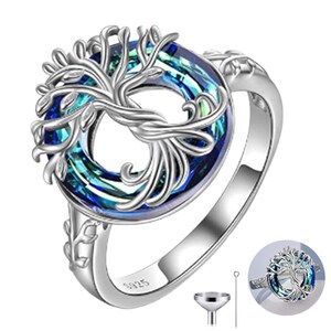 Tree Of Life Urn Ring For Ashes With Crystal Memory Keepsake Jewelry Funnel Filler Gifts Cremation Ring For Women Men