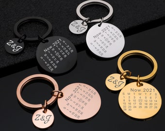 Custom Round Keychain,Personalized Circle Key Chain,Engraving Keychain,Custom Engraved Calendar Keychain,Name Keychain