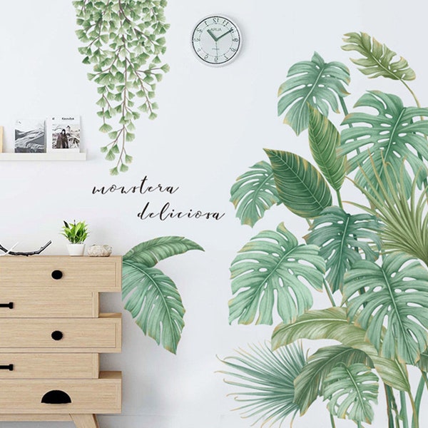 DIY Tropical Green Plants Monstera Hojas Calcomanía de pared, pegatina de pared 3D impermeable extraíble Decoración de arte para el baño de la sala de estar