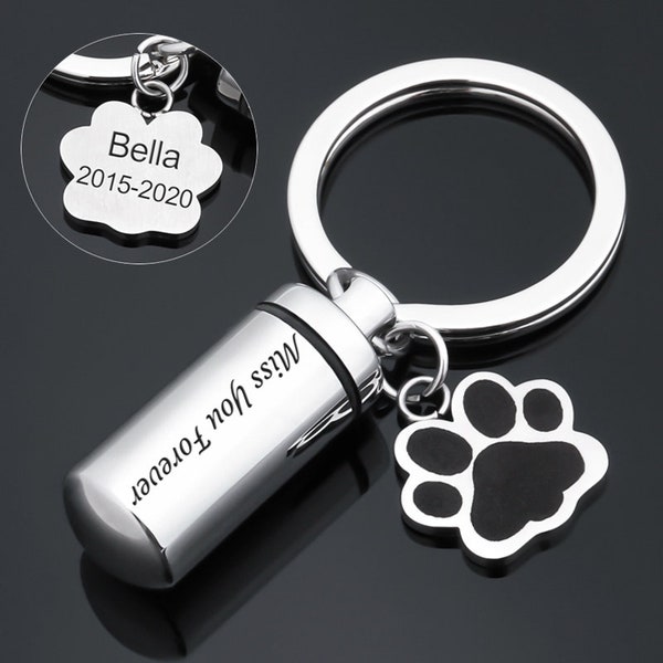 Porte-clés urne commémorative patte de chien pour animaux de compagnie chien/chat, cendres, porte-clés de crémation personnalisés urne, porte-clé souvenir pour animaux de compagnie