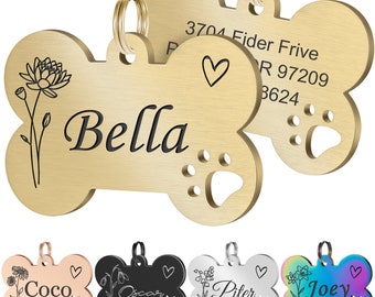 Custom Dog ID Tags, Personalized Birth Flowers Pet Name Tags, Stainless Steel Bone Dog Tag Cat Collar Pendant, Engraved on Both Sides