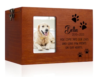 Personalized Pet Memorial Urns for Dog or Cat Ashes, Wooden Pet Cremation Urns with Photo Frame, Memory Box with Black Flannel as Lining