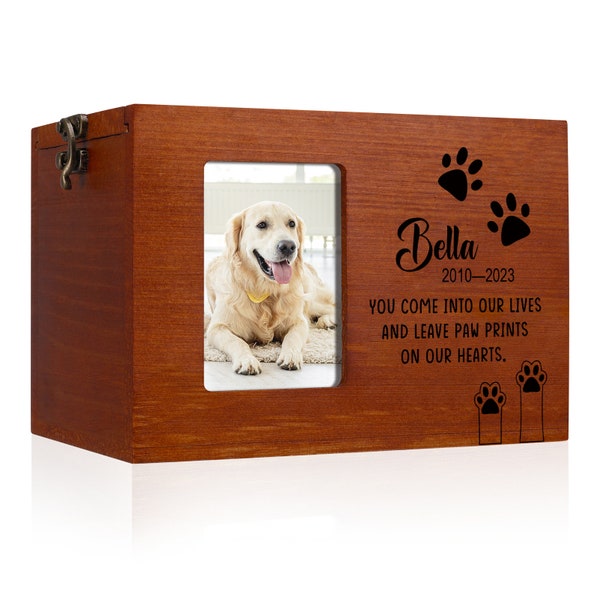 Personalized Pet Memorial Urns for Dog or Cat Ashes, Wooden Pet Cremation Urns with Photo Frame, Memory Box with Black Flannel as Lining