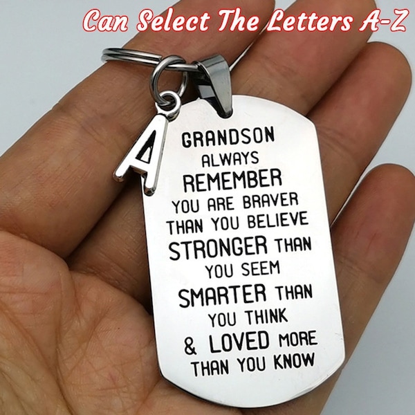Grandson Keychain Inspirational Gifts For Grandson From Grandparents Powerful Message Keyring Tag Key Chains(Can Select The Letters A-Z)