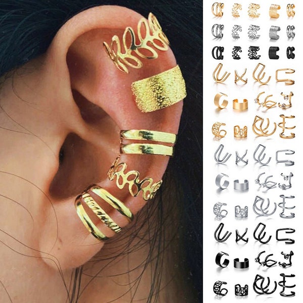 Boucles d’oreilles Set Gold Leaves Ear Cuff Black Non-Piercing Ear Clips Fake Cartilage Boucles d’oreilles Clip Boucles d’oreilles pour femmes Hommes Bijoux