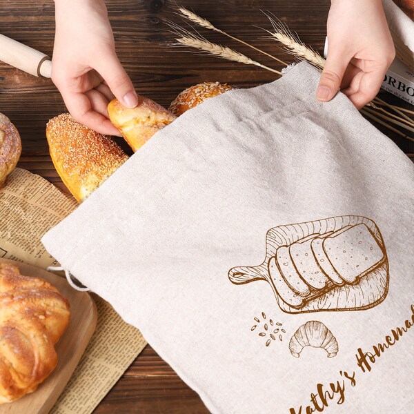 Personalized Bread Bags for Homemade Bread-Plastic Lined, Reusable Custom Linen Cloth Saver Bag for Sourdough & Homemade Food Storage