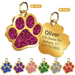 Glitter Paw Print Pet ID Tag Custom Engraved Dog Cat Personalized Animal Bling Identification