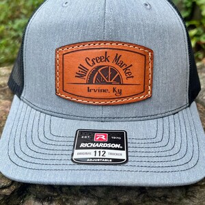 Custom Leather Patch Hat Personalized Logo Merchandise Business Promotional Item Company Identity Product Genuine Cowhide Emblem Trucker Cap