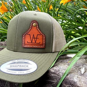Custom Ear Tag Trucker Leather Patch Hat, Full Grain Leather Laser Engraved for Company brand, Personalized Logo or Text, Richardson,Hats