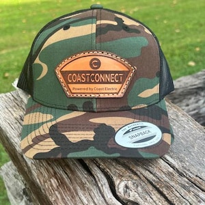 Leather Patch Hat Custom Trucker Cap with Full Grain Leather Sewn Patches for Construction Worker Gift Idea Business Logo Mountain Design