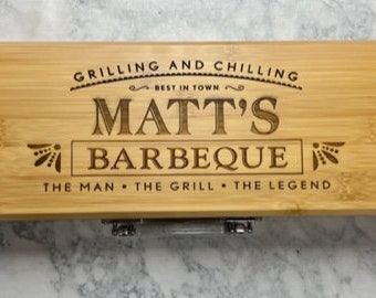 Personalized BBQ Tools Set | BBQ Tool Set With Wood Case | Wedding Gift | Engraved BBQ  Utensils  | Retirement Gift