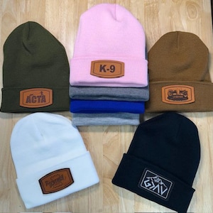 Personalized Leather Beanie Custom Logo Patch Name Engraved Corporate Gift Company Merchandise Branded Headwear Embroidered Design Unique