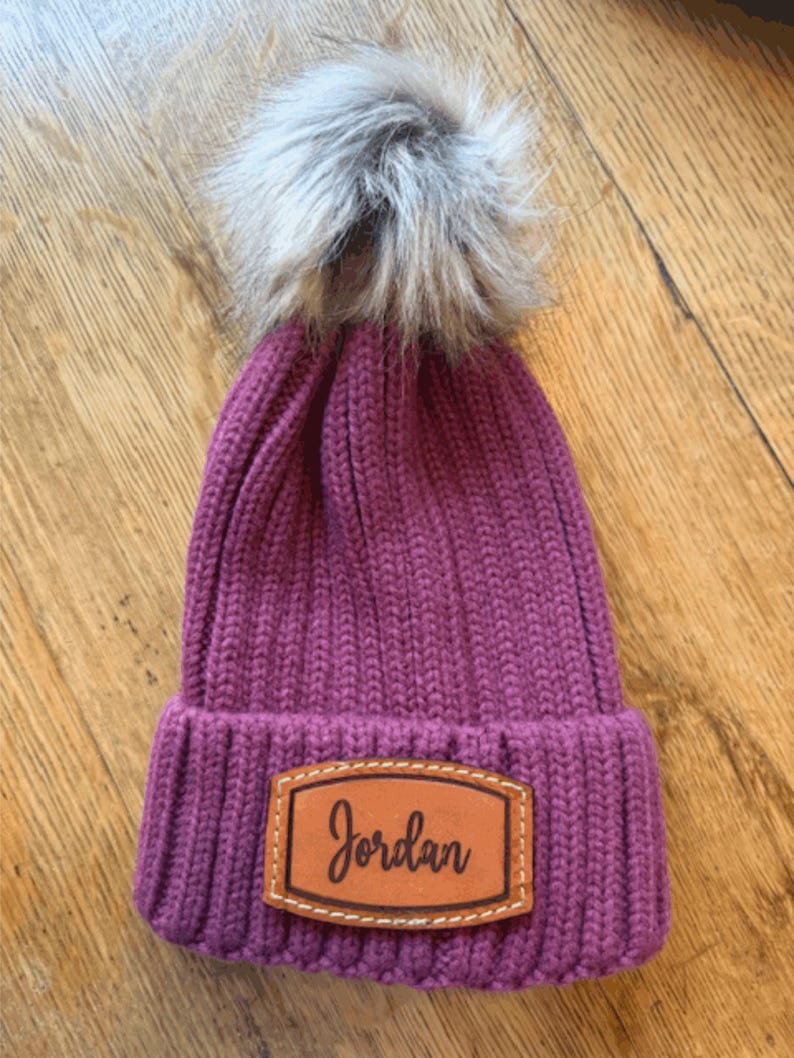 Custom Monogram Beanie Hat Personalized Leather Patch Name Embroidered Winter Wedding Bridesmaid Gift Warm Pom Knit Cuffed Acrylic Material Adjustable Fit Cozy Headgear Fashion Accessory Bridal Party Wear Premium Quality Construction