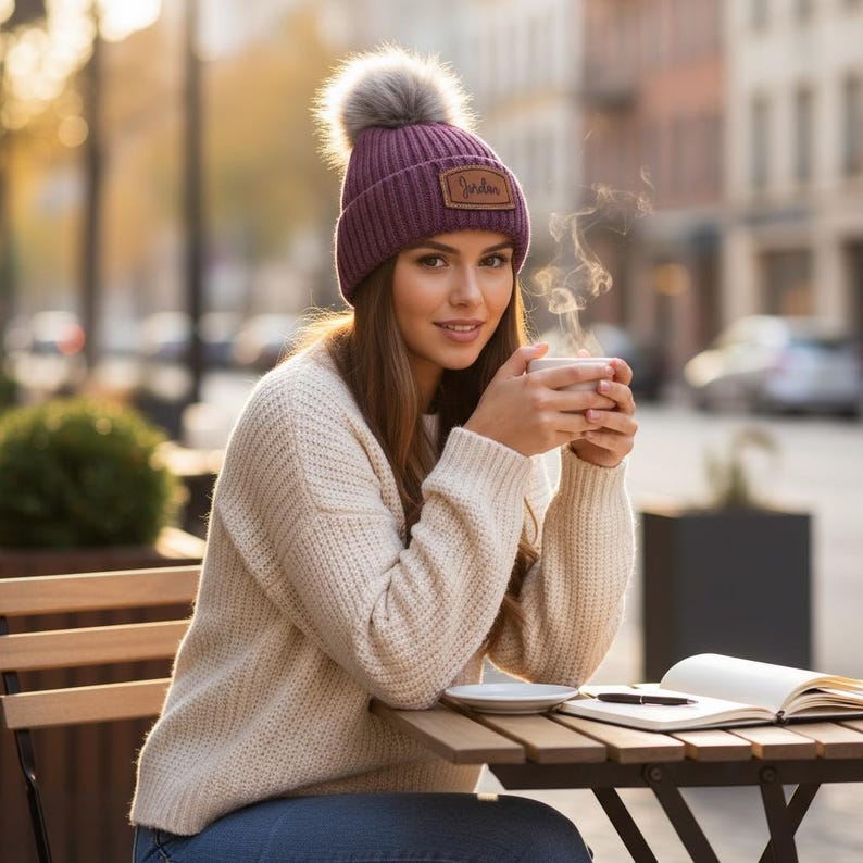 Winter Wedding Bridesmaid Gift Custom Beanie Hat Personalized Name Embroidered Leather Patch Monogram Design Warm Pom Knit Cuffed Acrylic Headwear Adjustable Fit Cozy Fashion Accessory Bridal Party Essential Premium Quality Construction