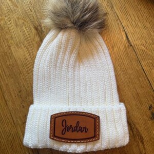 Personalized Beanie Hat Gift Idea for Bridesmaid Winter Wedding Custom Monogram Leather Patch Name Embroidered Warm Pom Knit Cuffed Acrylic image 8