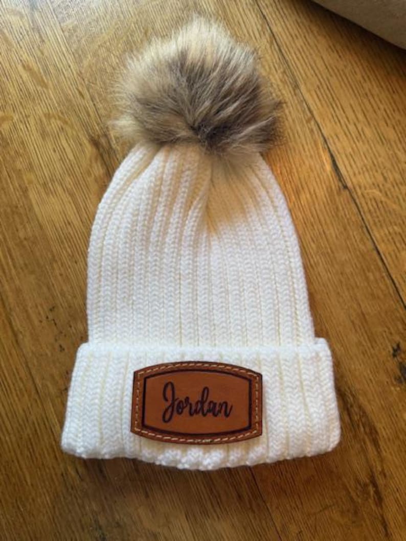 Personalized Beanie Hat Gift Idea for Bridesmaid Winter Wedding Custom Monogram Leather Patch Name Embroidered Warm Pom Knit Cuffed Acrylic image 8