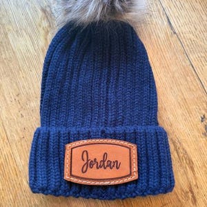 Personalized Beanie Hat Gift Idea for Bridesmaid Winter Wedding Custom Monogram Leather Patch Name Embroidered Warm Pom Knit Cuffed Acrylic image 9
