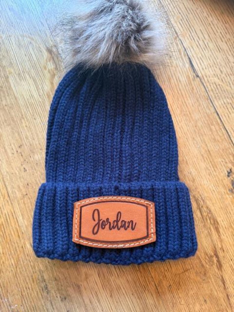 Personalized Beanie Hat Gift Idea for Bridesmaid Winter Wedding Custom Monogram Leather Patch Name Embroidered Warm Pom Knit Cuffed Acrylic image 9