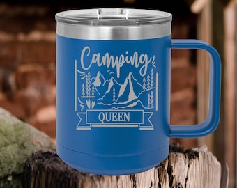 Personalized Camping Mug Custom Engraved Stainless Steel Insulated Tumbler Coffee Cup Adventure Gift Queen Outdoor Enthusiast Hiking Gear