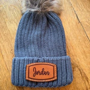Personalized Beanie Hat Gift Idea for Bridesmaid Winter Wedding Custom Monogram Leather Patch Name Embroidered Warm Pom Knit Cuffed Acrylic image 7