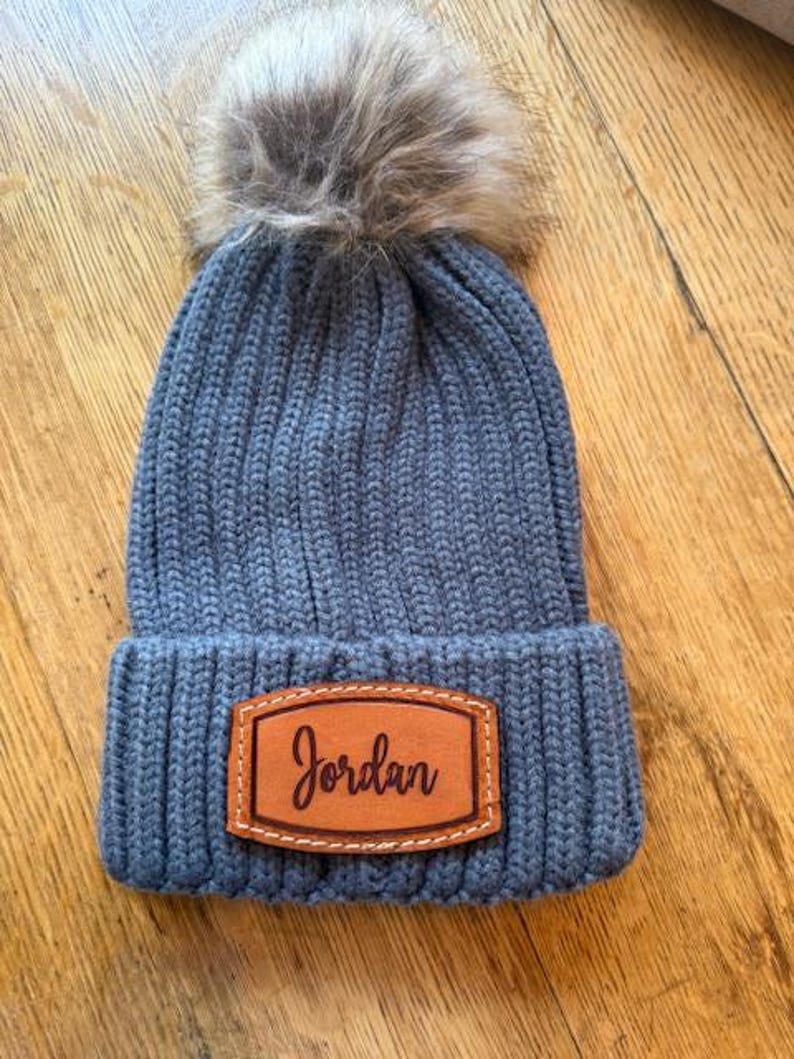 Personalized Beanie Hat Gift Idea for Bridesmaid Winter Wedding Custom Monogram Leather Patch Name Embroidered Warm Pom Knit Cuffed Acrylic image 7