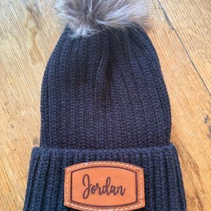 Personalized Beanie Hat Gift Idea for Bridesmaid Winter Wedding Custom Monogram Leather Patch Name Embroidered Warm Pom Knit Cuffed Acrylic image 10