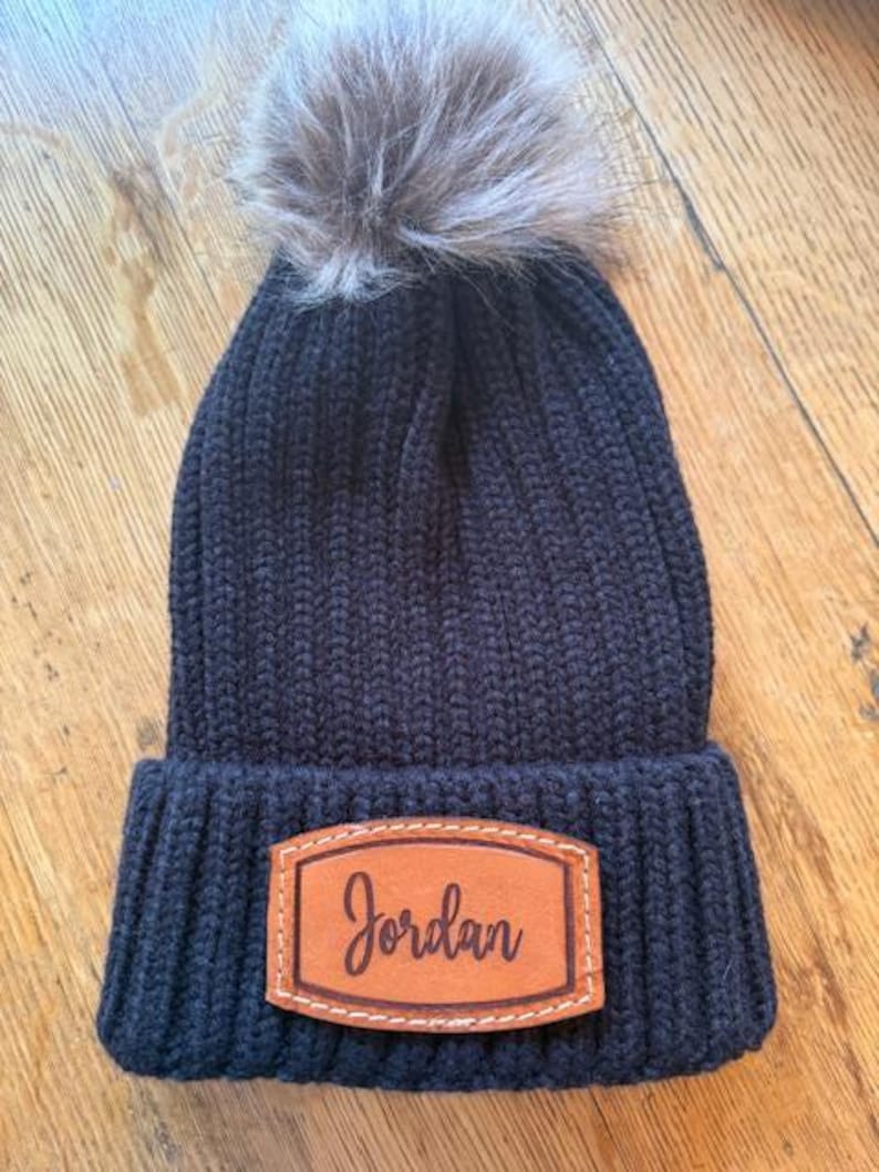 Personalized Beanie Hat Gift Idea for Bridesmaid Winter Wedding Custom Monogram Leather Patch Name Embroidered Warm Pom Knit Cuffed Acrylic image 10