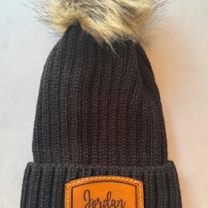 Bridal Party Gift Personalized Beanie Hat Custom Name Embroidered Monogram Leather Patch Warm Pom Knit Cuffed Acrylic Winter Wedding Bridesmaid Accessory Adjustable Fit Cozy Headgear Fashion Wear Premium Quality Construction Comfortable