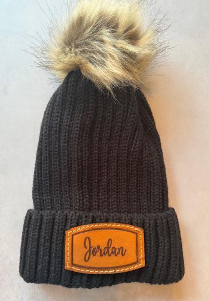 Bridal Party Gift Personalized Beanie Hat Custom Name Embroidered Monogram Leather Patch Warm Pom Knit Cuffed Acrylic Winter Wedding Bridesmaid Accessory Adjustable Fit Cozy Headgear Fashion Wear Premium Quality Construction Comfortable