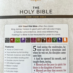 May include: A KJV Giant Print Bible with features including red letter text, a lay-flat binding, and full-color maps. The cover can be personalized. The text includes a passage from Matthew.