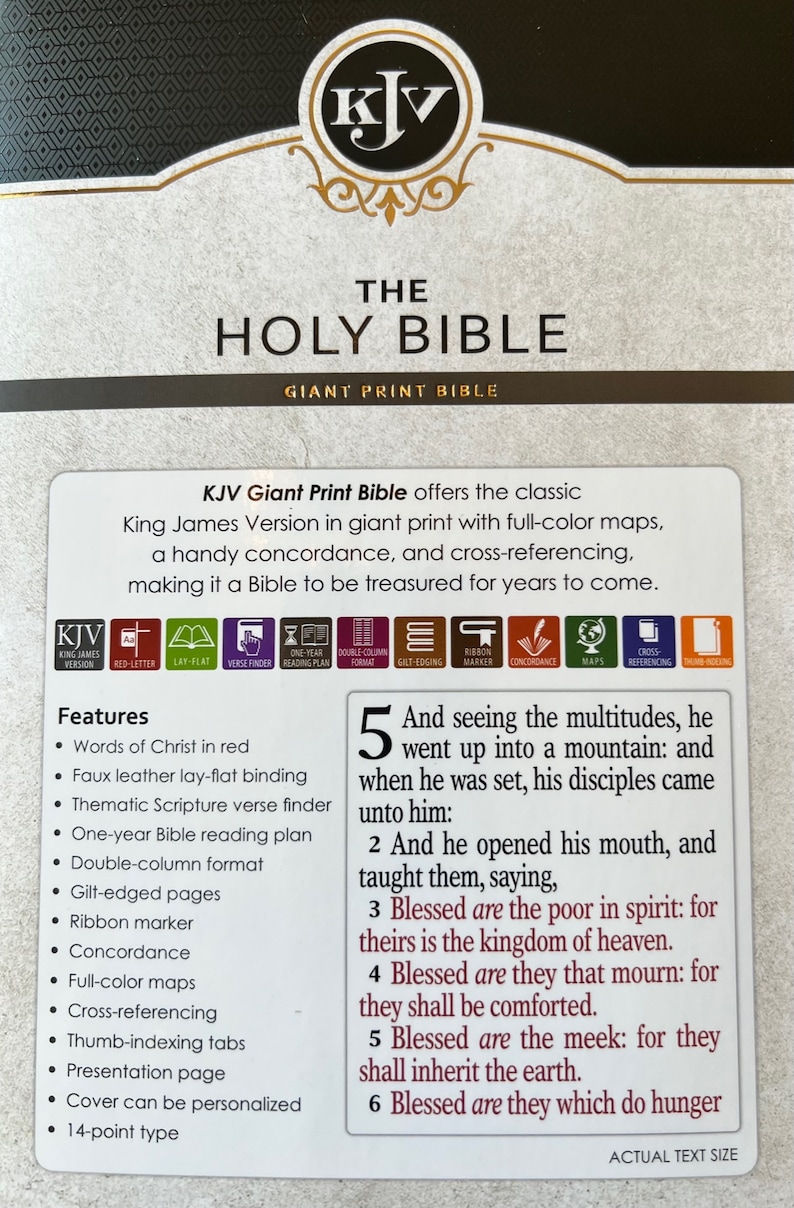May include: A KJV Giant Print Bible with features including red letter text, a lay-flat binding, and full-color maps. The cover can be personalized. The text includes a passage from Matthew.
