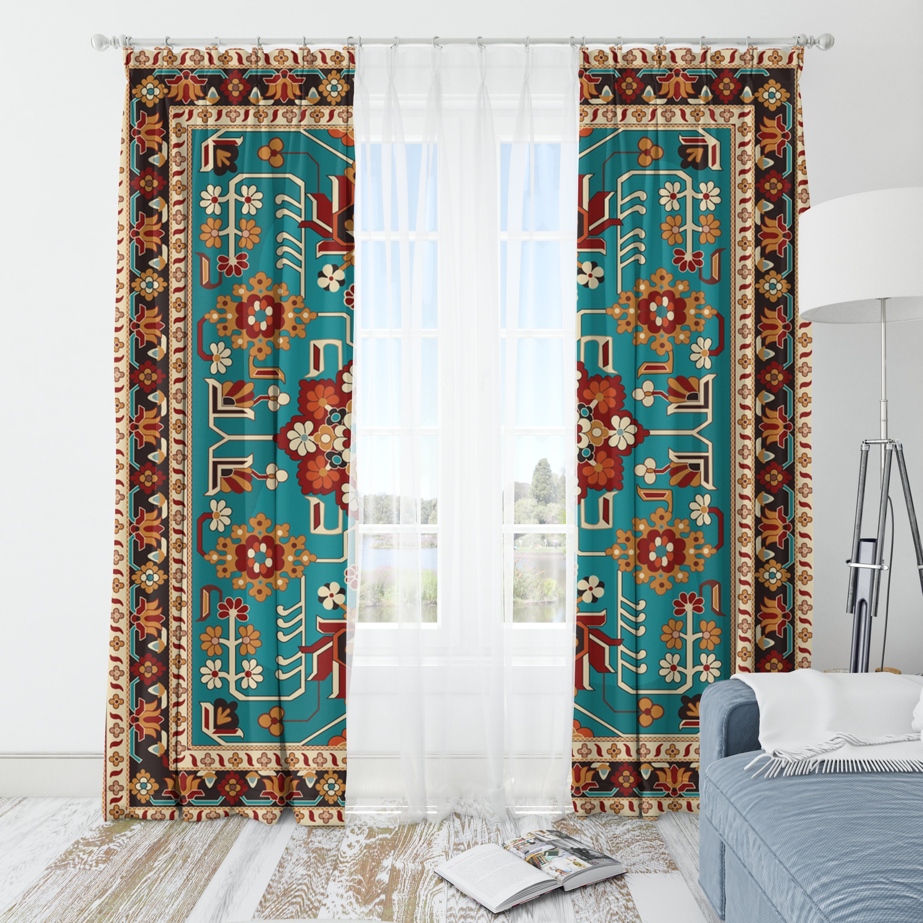 Persian Carpet Tribal Light Blue Yellow Living Room Curtain Etsy