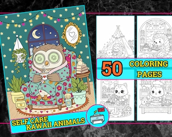 Páginas para colorir de animais kawaii para autocuidado | PDF fofo e aconchegante para imprimir para adultos | Cenas relaxantes com animais | Livro de colorir fofo para bem-estar