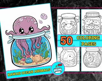 Ocean Animals in Jars Coloring Pages | Cute Kawaii Sea Creatures | Printable PDF | Underwater Animal Art | Digital Coloring Book for Adults
