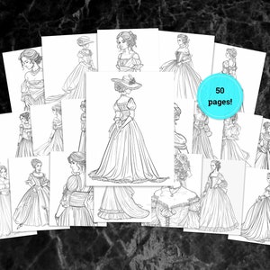 Op de afbeelding: Een verzameling van 50 afdrukbare kleurplaten met vrouwen in verschillende elegante jurken. De pagina's zijn perfect voor volwassenen en kinderen die graag kleuren.