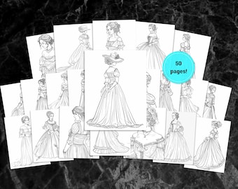 Regency Era Coloring Pages for Adults | Historical Fashion Coloring Book PDF | Vintage Dresses Printable | Digital Download Line Art