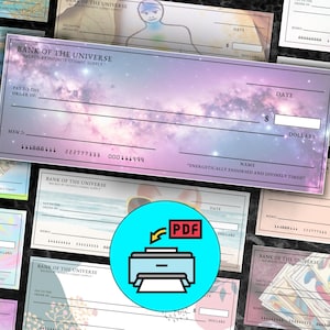 Puede incluir: Una colección de cheques con varios diseños, incluyendo un tema de galaxia, una tortuga y dinero. Los cheques están etiquetados como "Bank of the Universe" e incluyen campos para la fecha, el beneficiario y la cantidad. También hay un icono de PDF.
