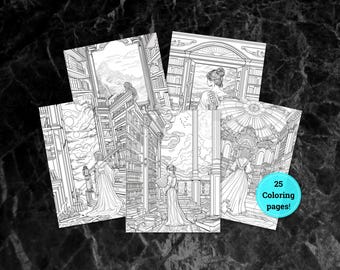 Mysterious Women Coloring Pages in Libraries | Elegant & Moody Coloring Book | Printable PDF | Digital Download for Adults | Relaxing Color