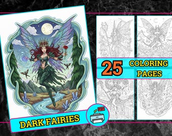 25 Dark Fairy Coloring Pages for Adults – Gothic Fantasy Coloring Book Printable PDF, Fairycore, Dark Aesthetic, Fantasy Art Download