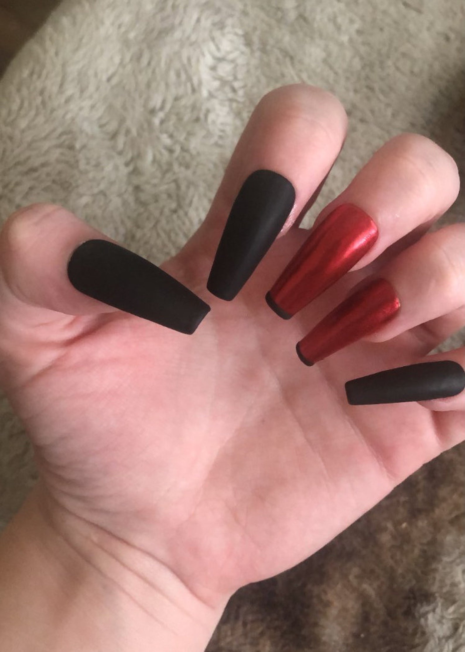 Matte Black Stick On Nails With Chrome Red Accent Nails And | Etsy