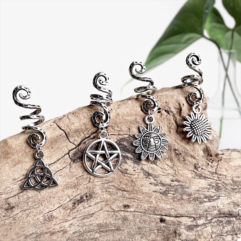 Cuffs Spirals Sunflower or Celtic Knot Charms Rings With Pentagram Witchy Dreadlock Beads