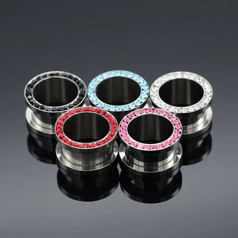 PAIR Gem Rimmed Stainless Steel Screwed Fit Tunnels Plugs Earlets Gauges PAIR Gem Rimmed Stainless Steel Screwed Fit Tunnels Plugs Earlets Gauges