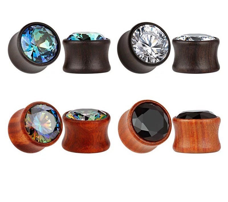 Wood Cz Zirconia Gem Ear Tunnels Plugs Double Flared Flesh Etsy Uk