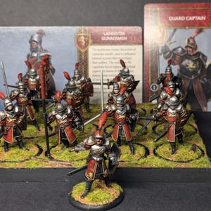 Geschilderde Lannister-wachters met kapitein en kaarten ASOIAF | Game of Thrones - A Song of Ice and Fire-miniaturen | Tafelblad Plus-kwaliteit