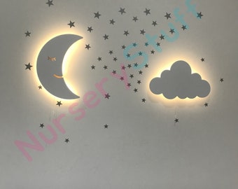 Moon & Cloud Wall Light, Set of 2 Light, Wooden Wall Light, Kids Room Decor Light, Baby Room Night Light, Nursery Wall Lamp, Gift for Kids