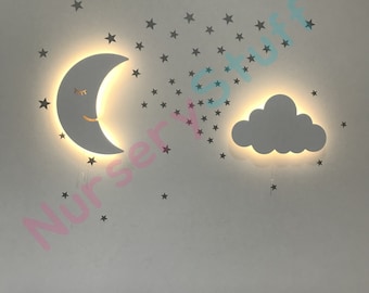 Set di 2 lampade da parete in legno Moon & Cloud, decorazione per cameretta dei bambini, luce notturna per neonati, lampada per la cameretta dei bambini, regalo per bambini