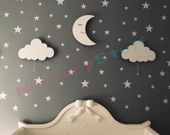 Nursery Wall Light, Wooden Wall Light, Kids Room Light, Night Light Baby Room, Toddler Room Light, Set Of 3 (1 Moon & 2 Cloud)