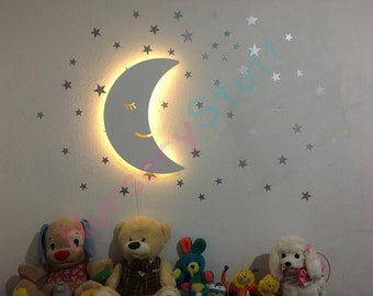 Nursery Moon Wall Light, Wooden Sleeping Moon Wall Light, Kids Room Decor Light, Baby Room Night Light, Trendy Toddler Room Led lamp